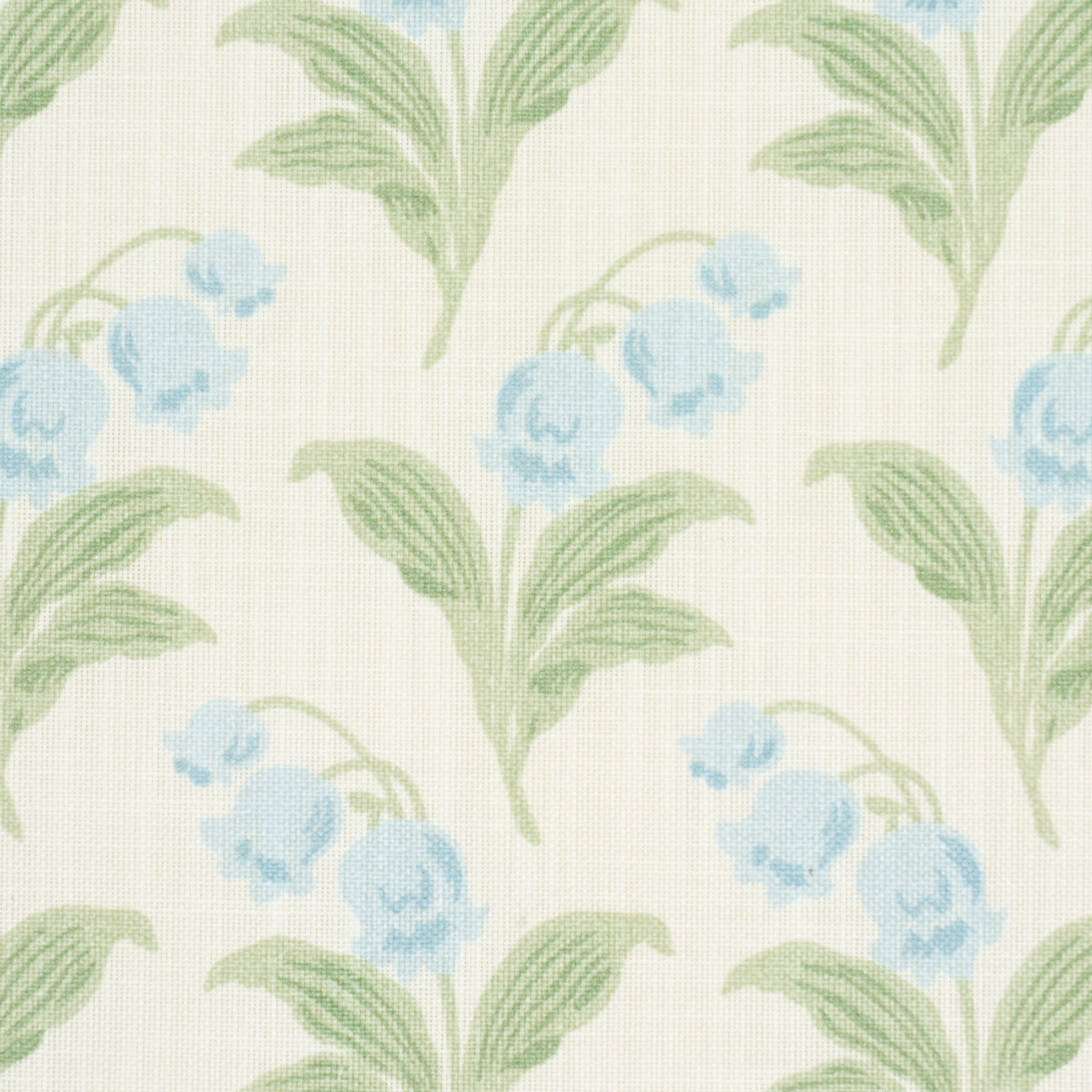 Cream background fabric with pale blue flowers and light green leaves in a botanical repeating pattern.