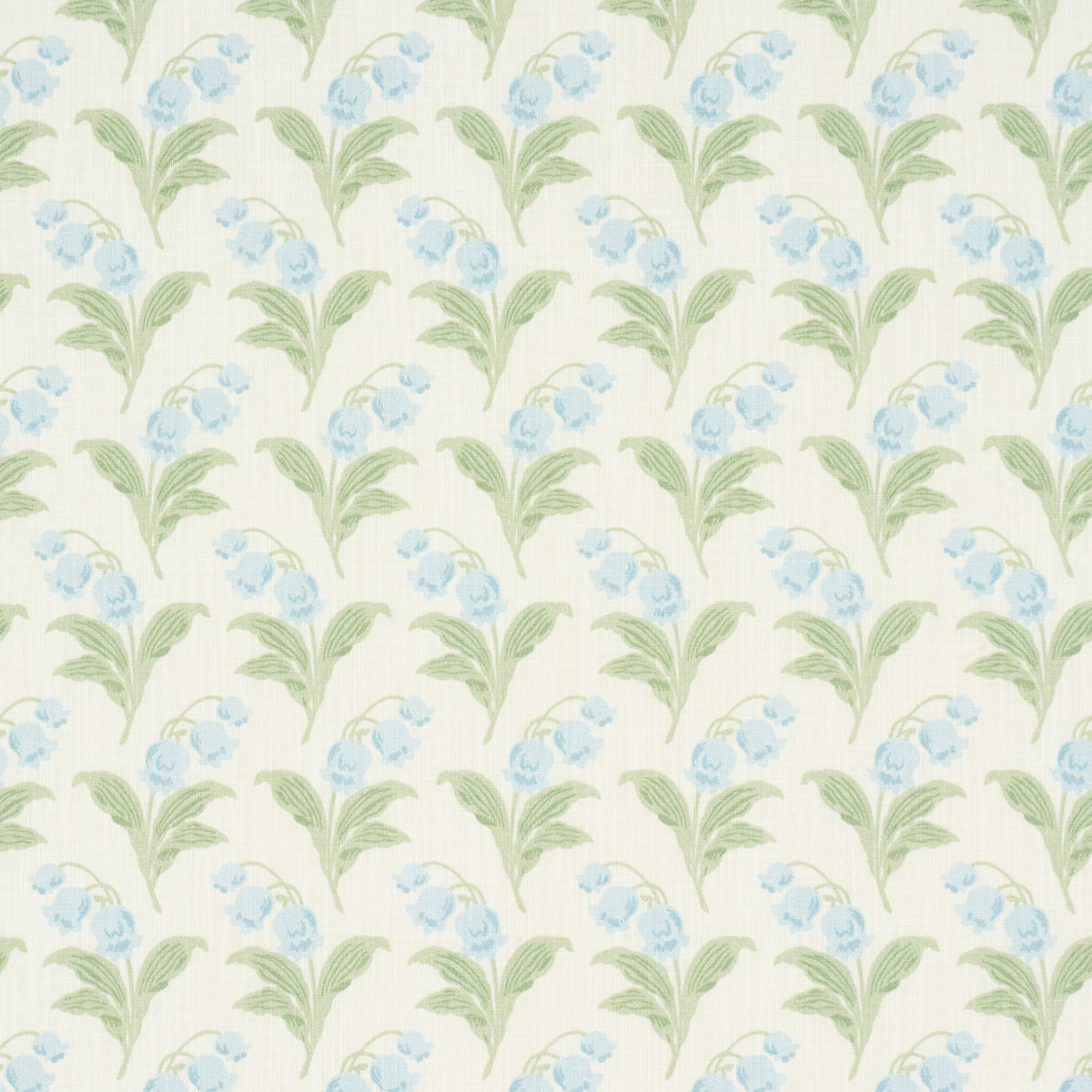 Pastel floral wallpaper pattern with light green stems and pale blue flowers on cream background.