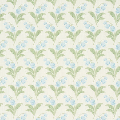 Pastel floral wallpaper pattern with light green stems and pale blue flowers on cream background.