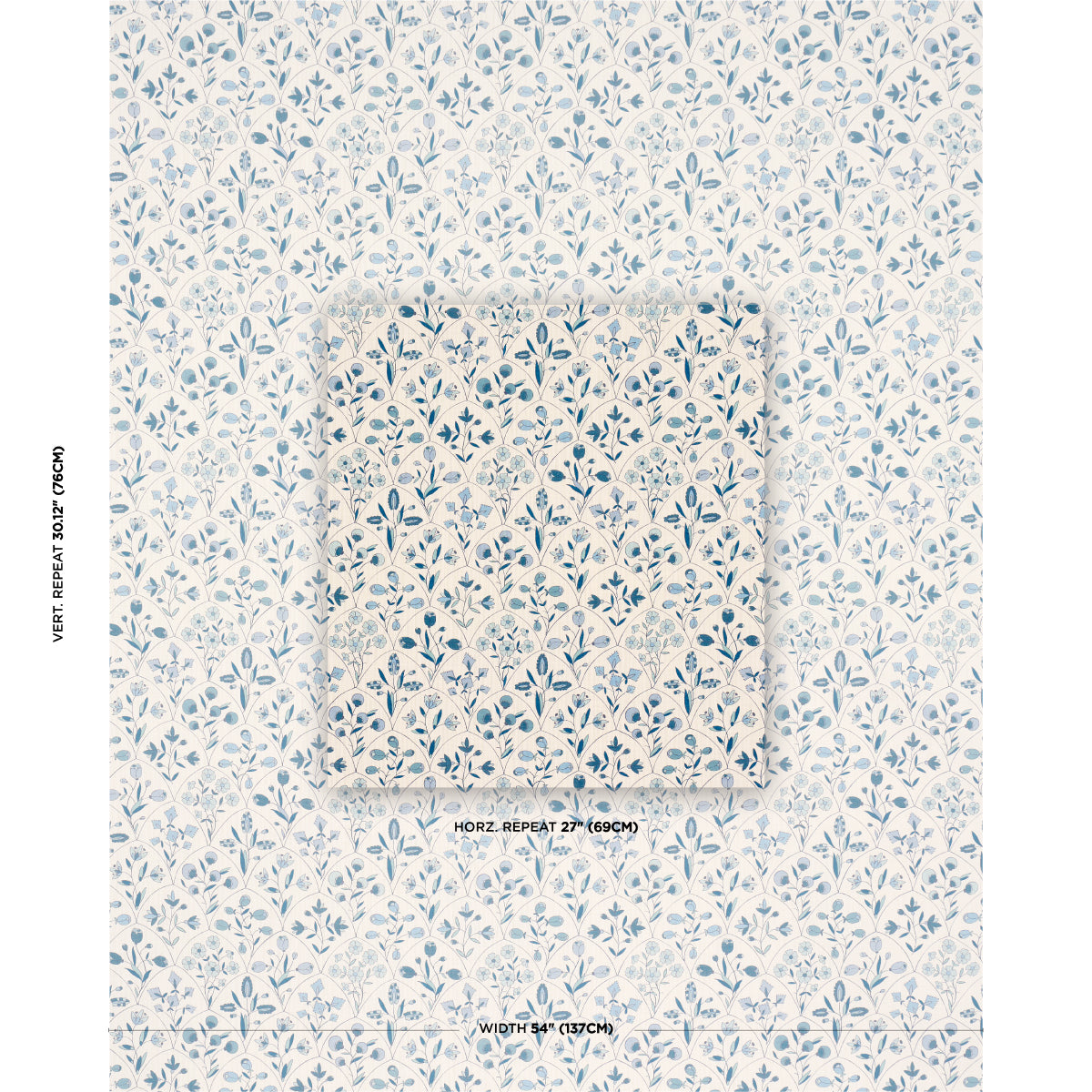 Blue botanical leaf wallpaper with pale blue-gray leaves on ivory; folded swatch showing a repeating pattern.