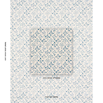 Blue botanical leaf wallpaper with pale blue-gray leaves on ivory; folded swatch showing a repeating pattern.