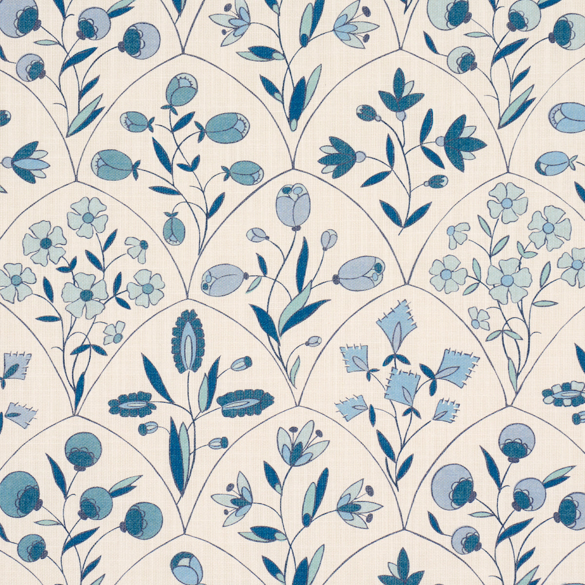 Cream wallpaper with blue floral and leaf motifs in an arched trellis pattern; decorative vintage botanical style.