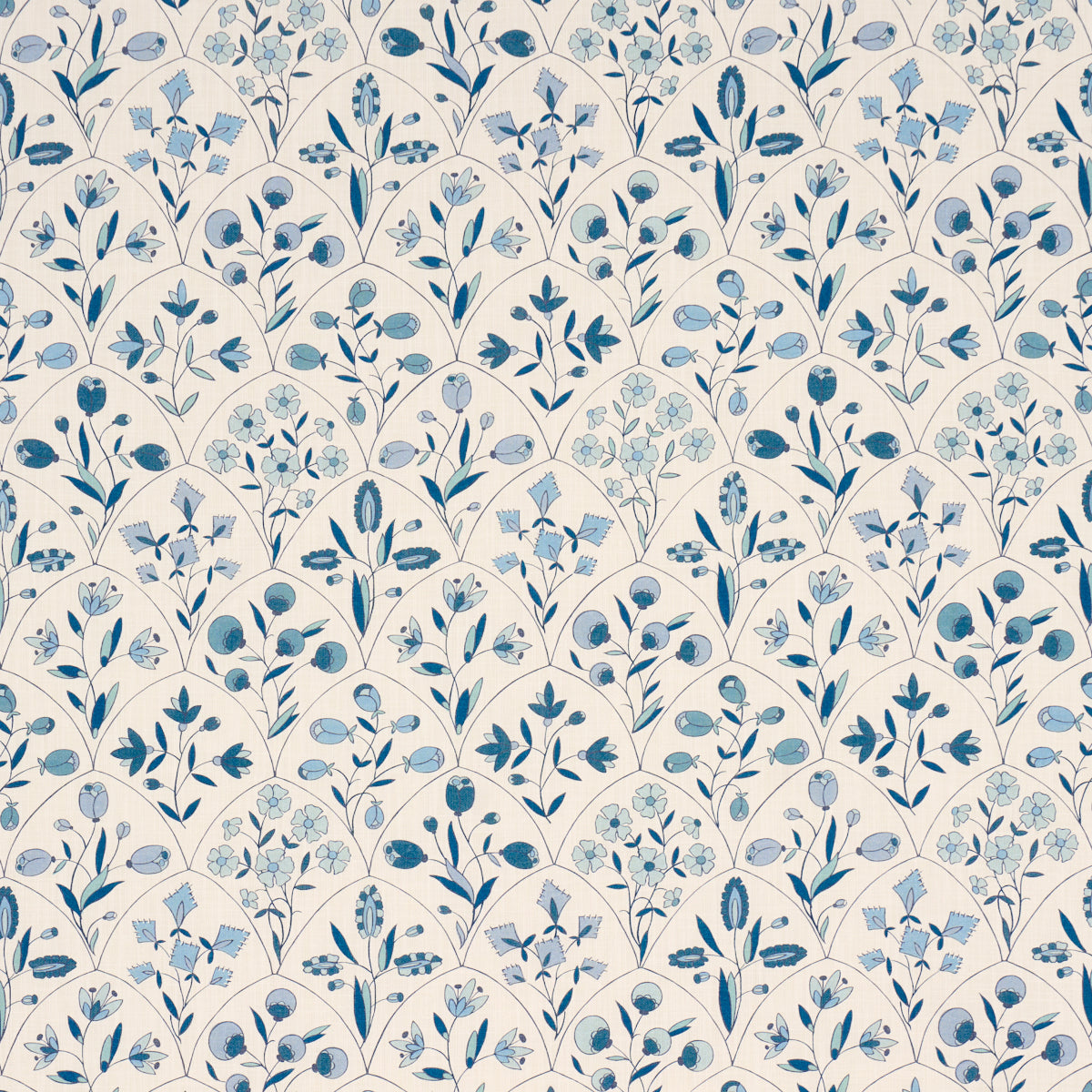 Repeating blue floral pattern with varied leaves and tiny blossoms on ivory background.