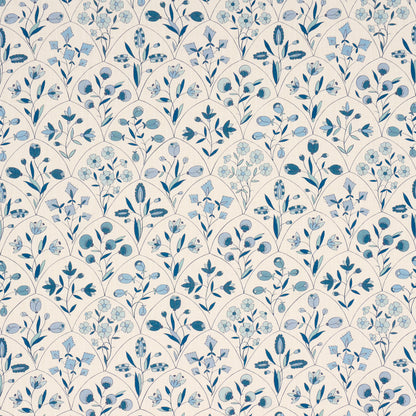 Repeating blue floral pattern with varied leaves and tiny blossoms on ivory background.