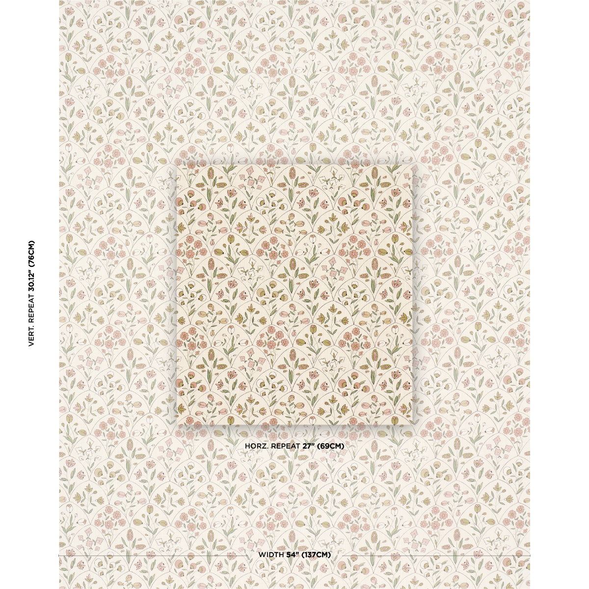 Pastel floral wallpaper with delicate vines and leaves in blush pink, sage and ivory; center square swatch.