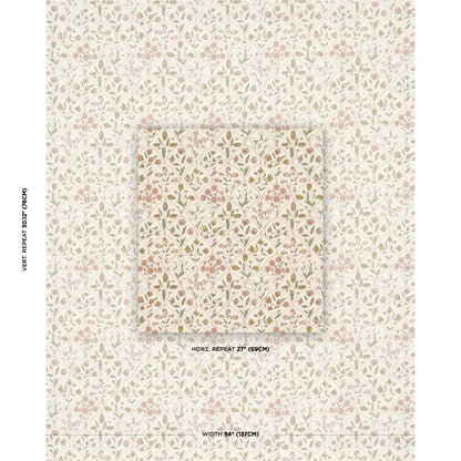 Pastel floral wallpaper with delicate vines and leaves in blush pink, sage and ivory; center square swatch.