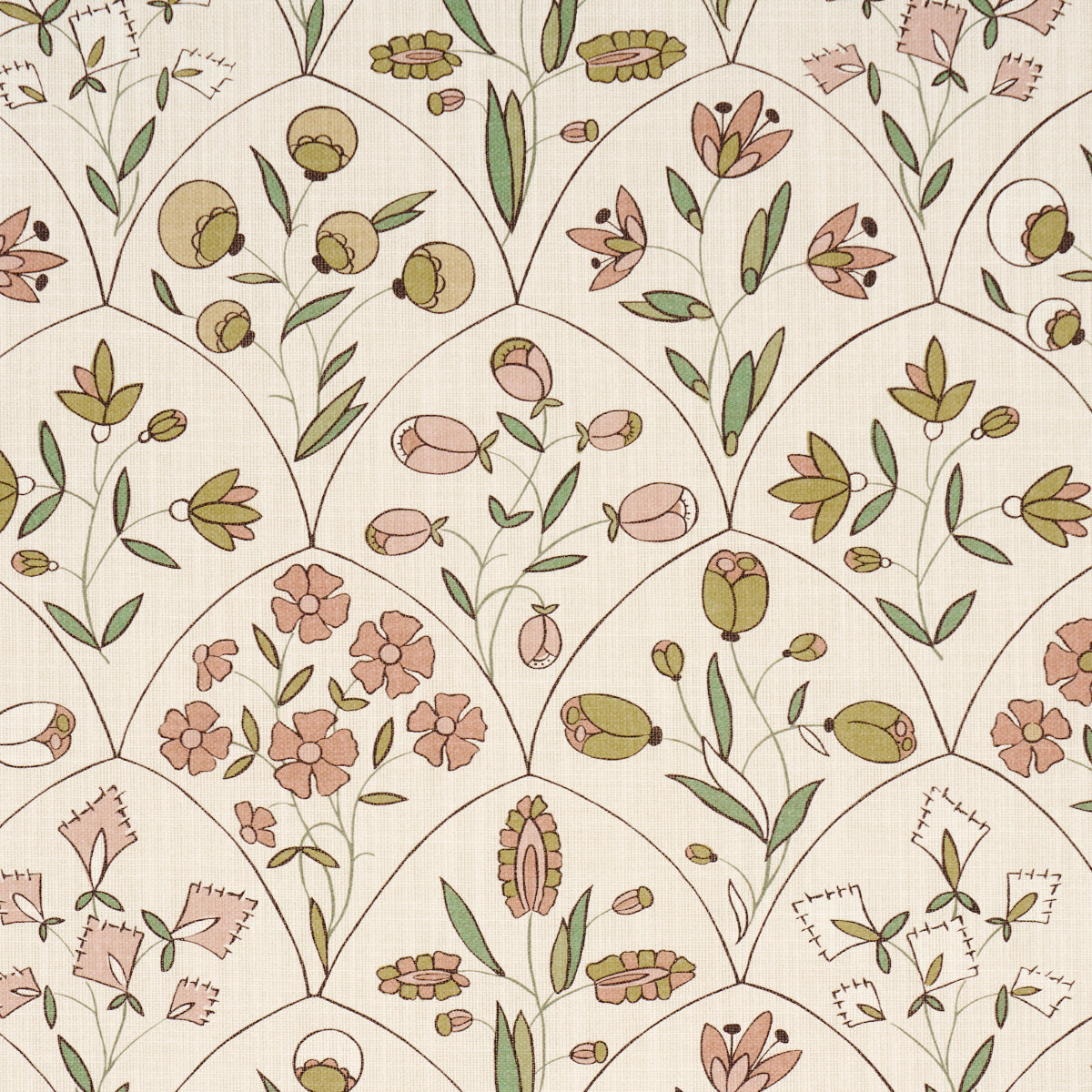 Pastel floral wallpaper with scalloped arch motifs, pink blossoms, olive-green leaves, and brown stems.