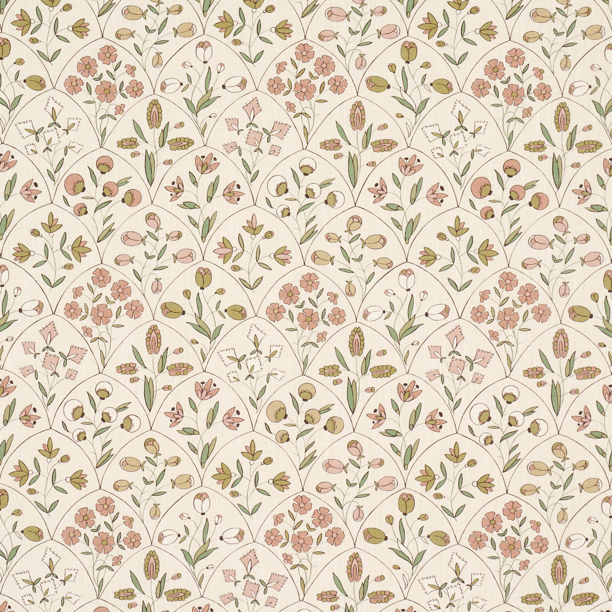 Pastel vintage floral wallpaper with pink blossoms, green leaves and arching stems in a repeating pattern.
