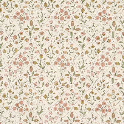Pastel vintage floral wallpaper with pink blossoms, green leaves and arching stems in a repeating pattern.