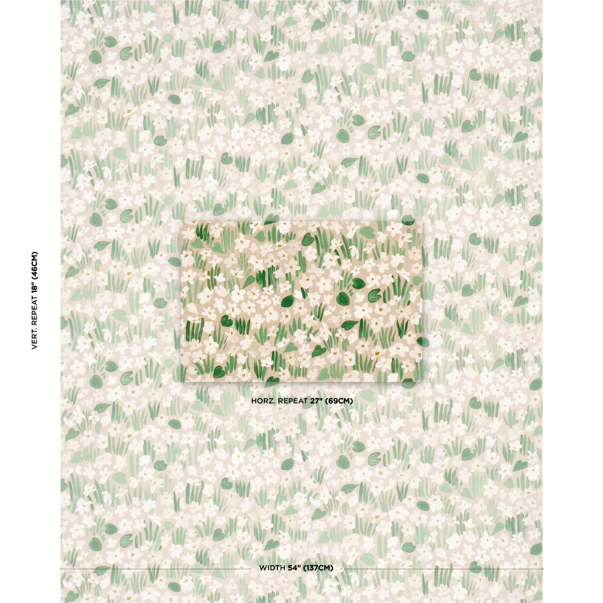 Botanical print with a pale cream backdrop and soft green grass and leaf motifs; nature-inspired, airy style.