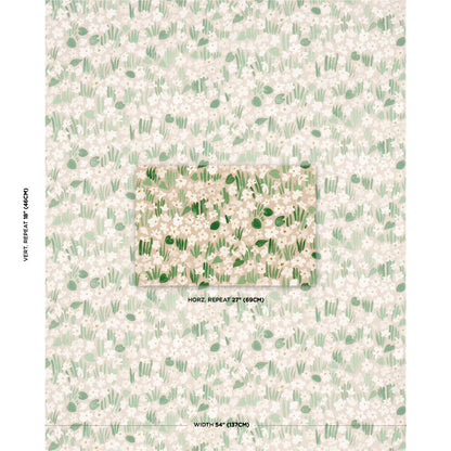 Botanical print with a pale cream backdrop and soft green grass and leaf motifs; nature-inspired, airy style.