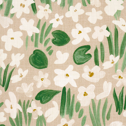 Beige linen-like print featuring white daisy flowers with yellow centers and green leaves in a botanical floral pattern.