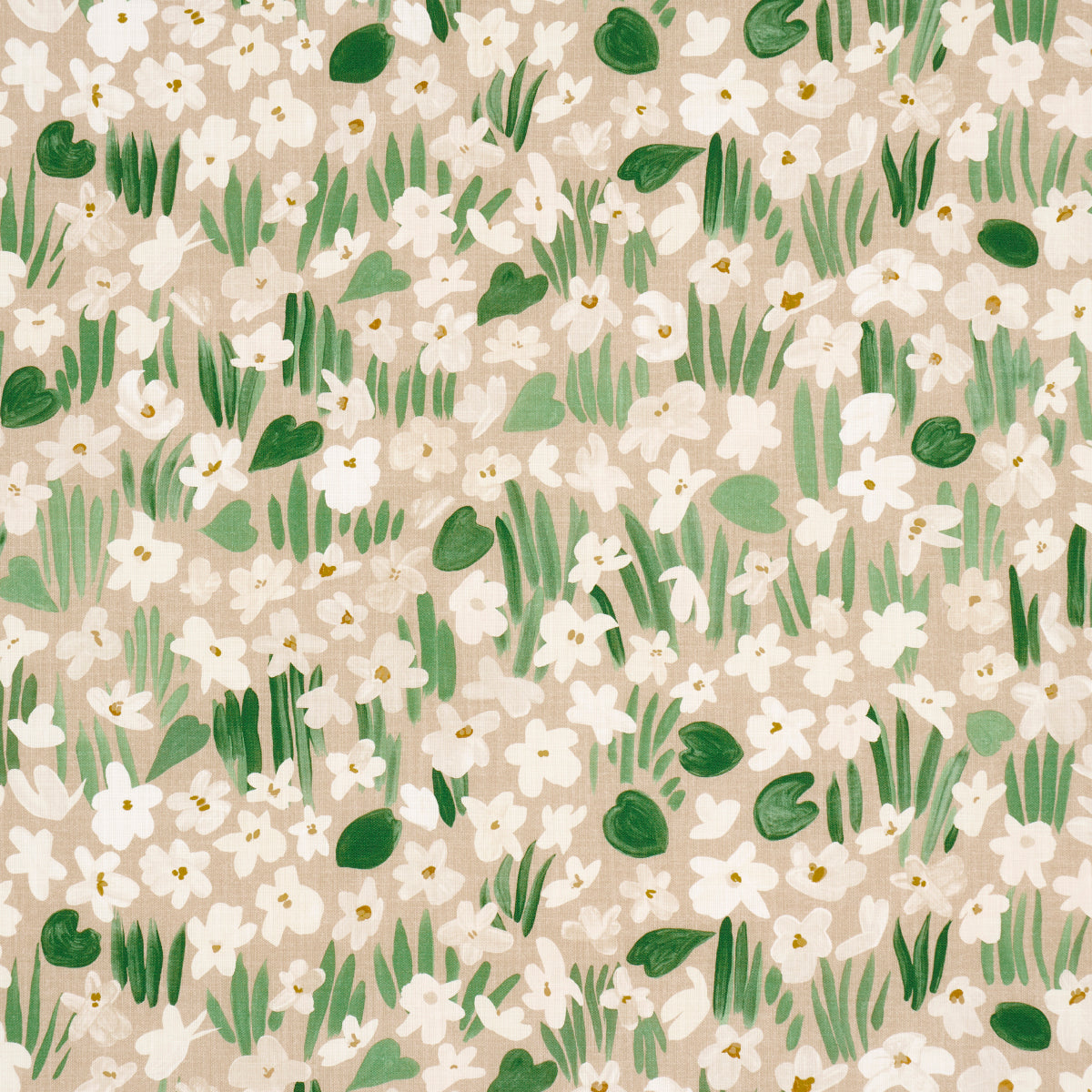 Beige floral pattern with white five-petaled flowers and green leafy stems.