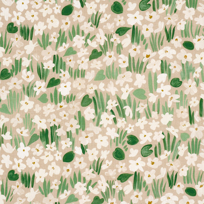 Beige floral pattern with white five-petaled flowers and green leafy stems.