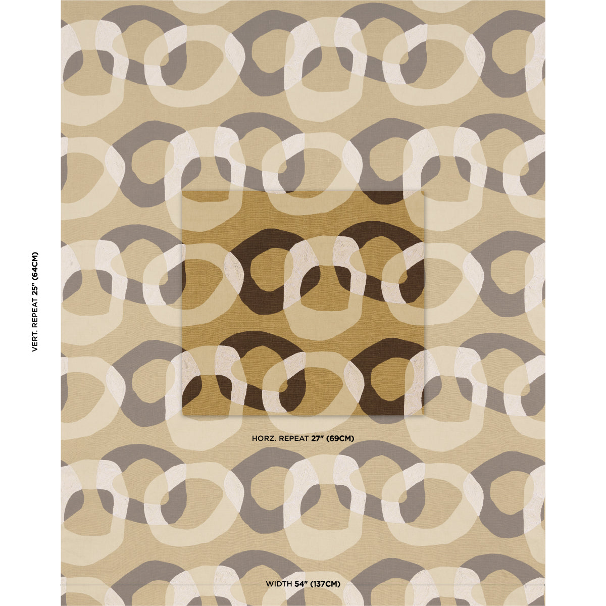 Abstract geometric rug with beige, taupe & white interlocking loop shapes; modern contemporary pattern.