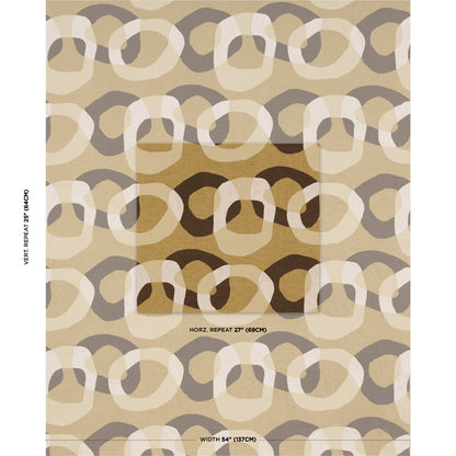 Abstract geometric rug with beige, taupe & white interlocking loop shapes; modern contemporary pattern.