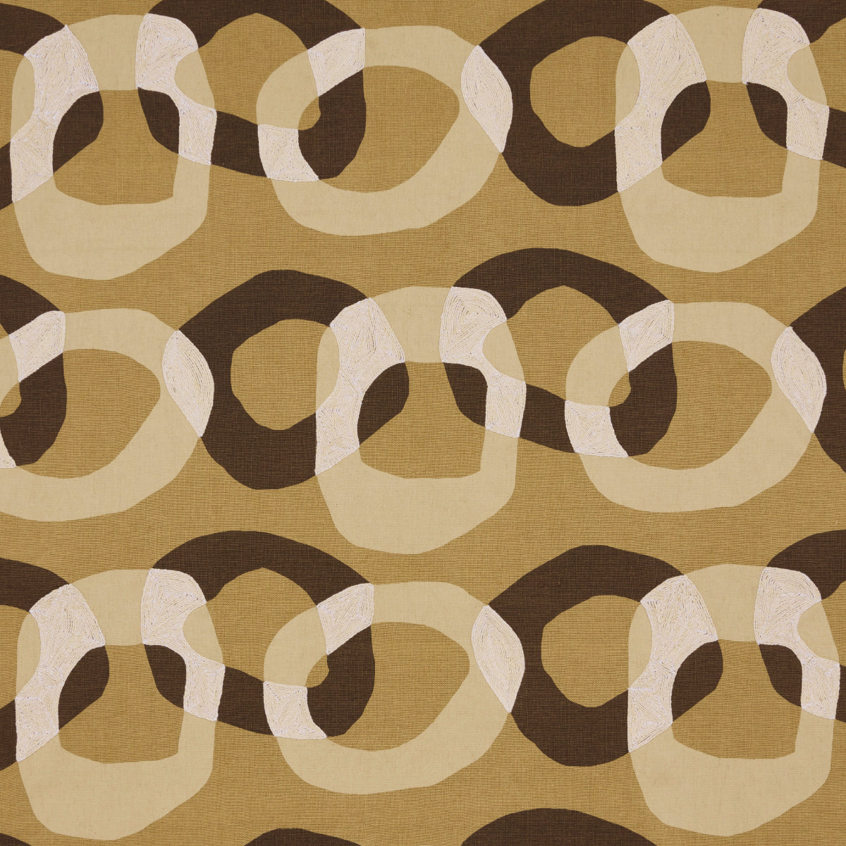 Mid-century geometric chain-link fabric pattern in brown, beige and cream on tan background; versatile upholstery or curtains.