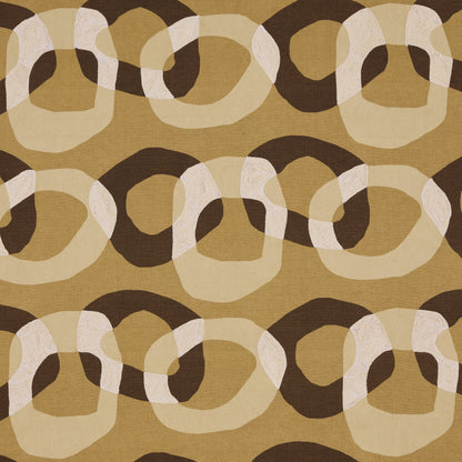 Mid-century geometric chain-link fabric pattern in brown, beige and cream on tan background; versatile upholstery or curtains.