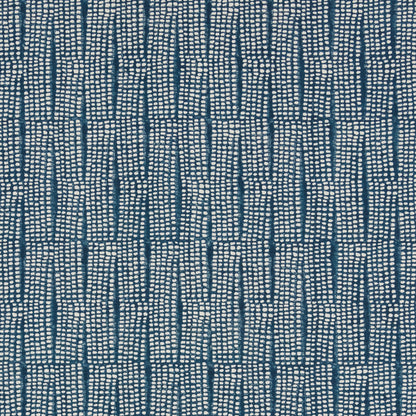 Blue woven fabric with white dotted vertical blocks forming a geometric ladder pattern; denim-inspired upholstery.