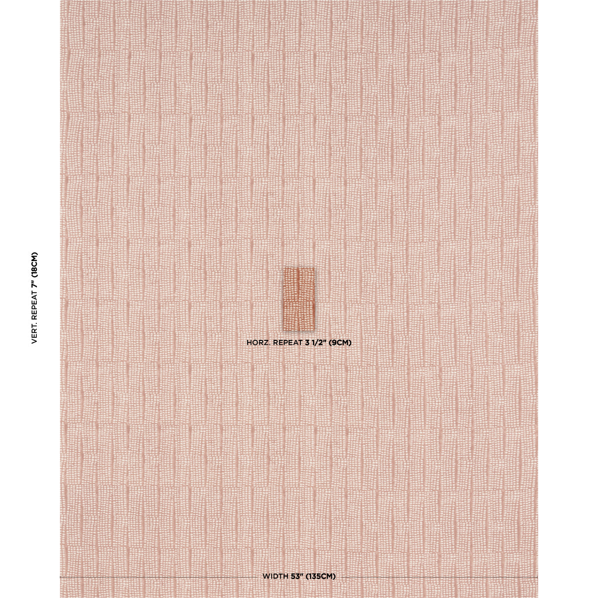 Peach-pink block-printed fabric with geometric pattern; small center swatch on a fabric sample sheet.