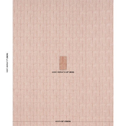 Peach-pink block-printed fabric with geometric pattern; small center swatch on a fabric sample sheet.