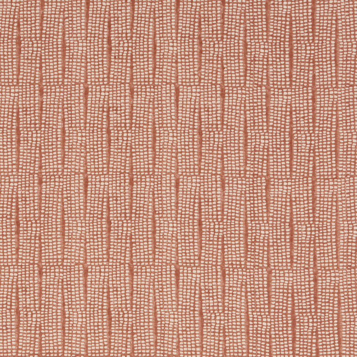 Coral peach block-printed fabric with a vertical dotted ladder motif, suitable for upholstery or apparel.