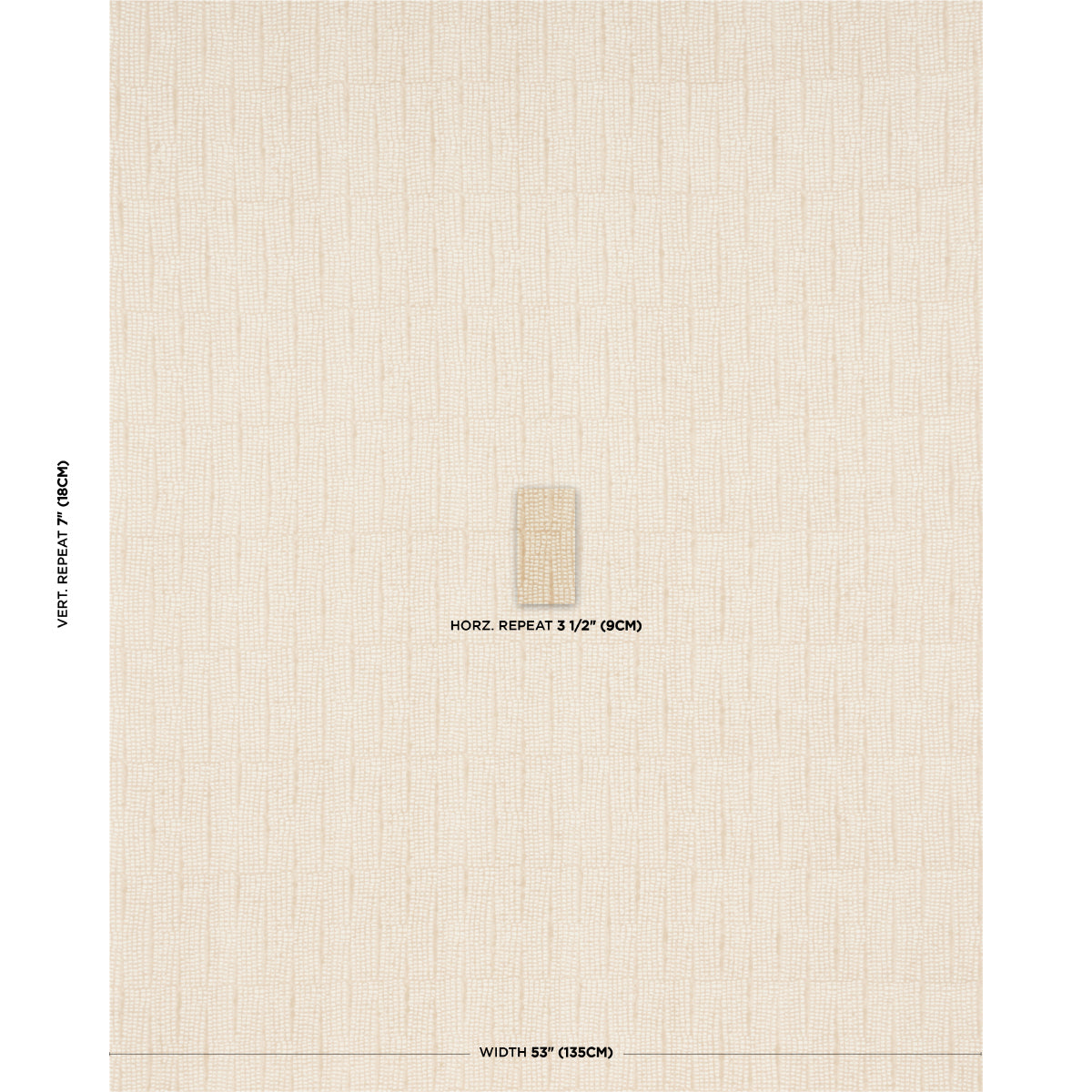Beige linen-textured wallpaper with subtle vertical lines and a small center swatch; horizontal repeat 3.5", width 53