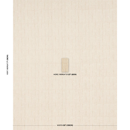 Beige linen-textured wallpaper with subtle vertical lines and a small center swatch; horizontal repeat 3.5", width 53
