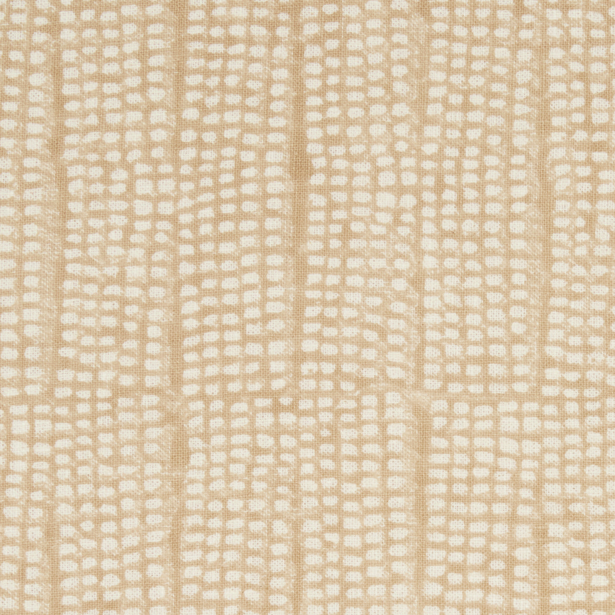 Beige woven fabric with tan dotted grid pattern, geometric lattice texture, suitable for upholstery or curtains.
