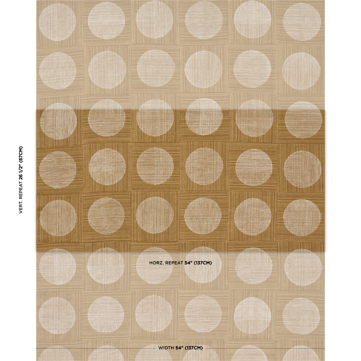 Beige-to-gold wallpaper with repeating white circles in a grid; linen-like texture, decorative geometric wall covering.