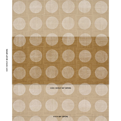 Beige-to-gold wallpaper with repeating white circles in a grid; linen-like texture, decorative geometric wall covering.