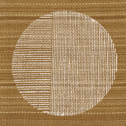 Tan woven rug featuring a white circle divided: left side with horizontal stripes, right side with vertical stripes.