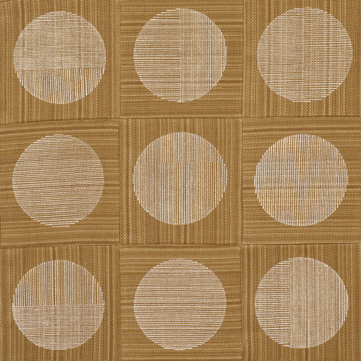 Ochre hand block print design with a repeating grid of pale beige circular motifs on a brown background.