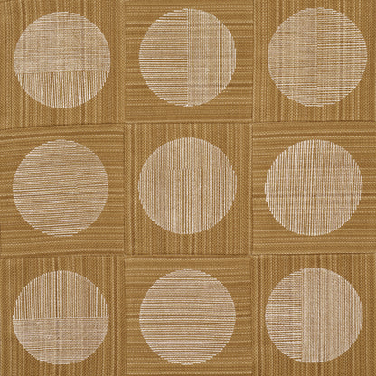 Ochre hand block print design with a repeating grid of pale beige circular motifs on a brown background.