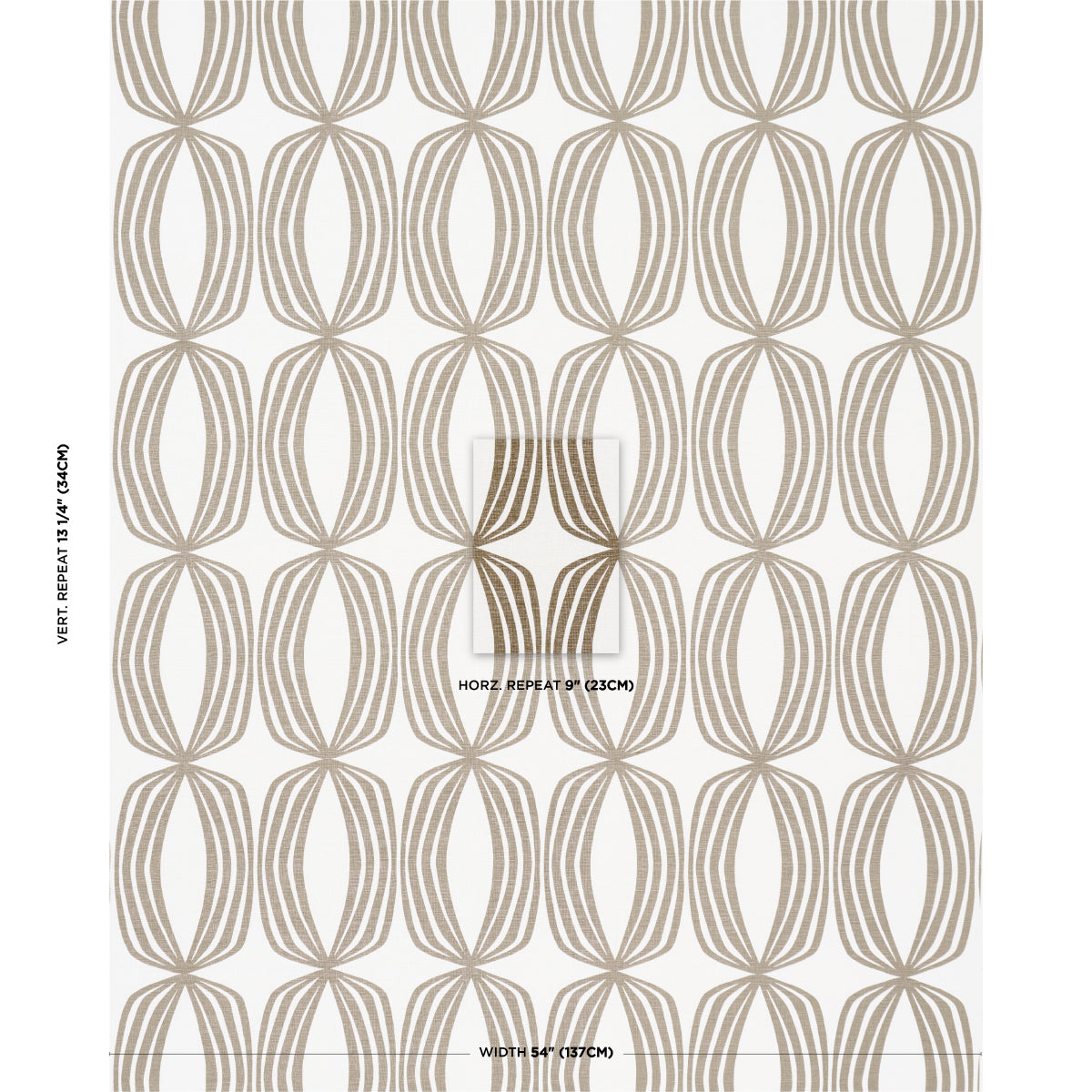 Taupe oval lattice wallpaper: repeating interlocking ellipses in beige on white.