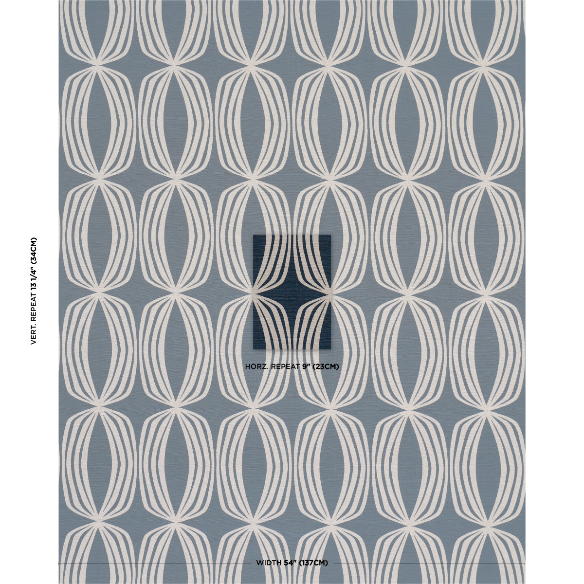 Geometric white oval lattice pattern on a muted blue-gray background; repeating wallpaper or fabric print.