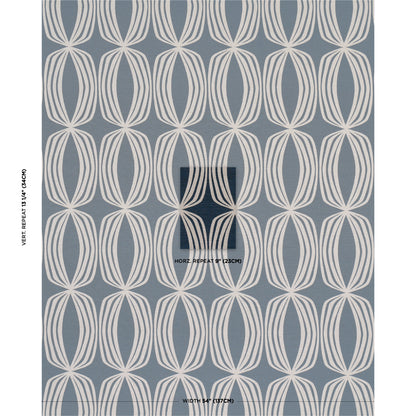 Geometric white oval lattice pattern on a muted blue-gray background; repeating wallpaper or fabric print.