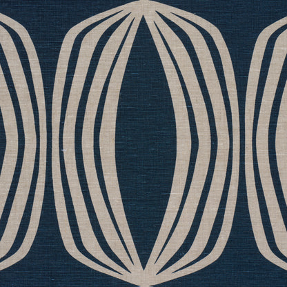 Navy blue fabric with cream-beige interlocking oval loop pattern; mid-century upholstery fabric.