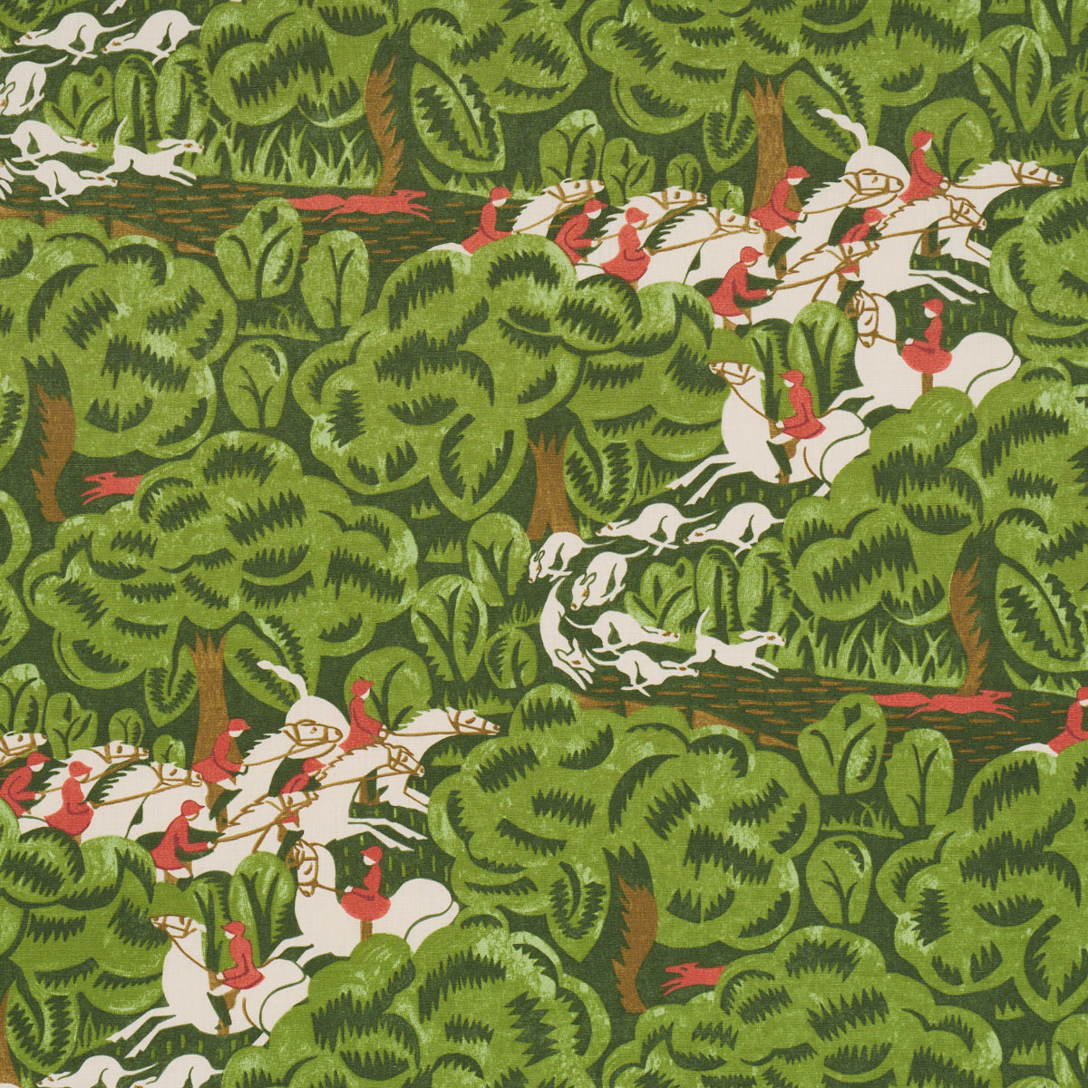 Bold tropical jungle print with dense green leaves and white animal silhouettes amid red-clad figures.