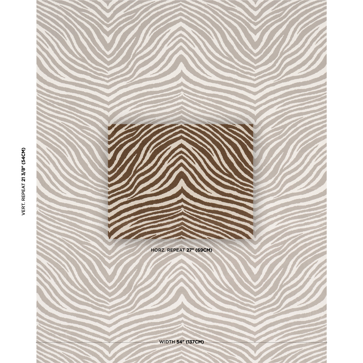 Beige zebra-stripe wallpaper with a centered brown square swatch displaying the same pattern.