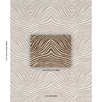Beige zebra-stripe wallpaper with a centered brown square swatch displaying the same pattern.