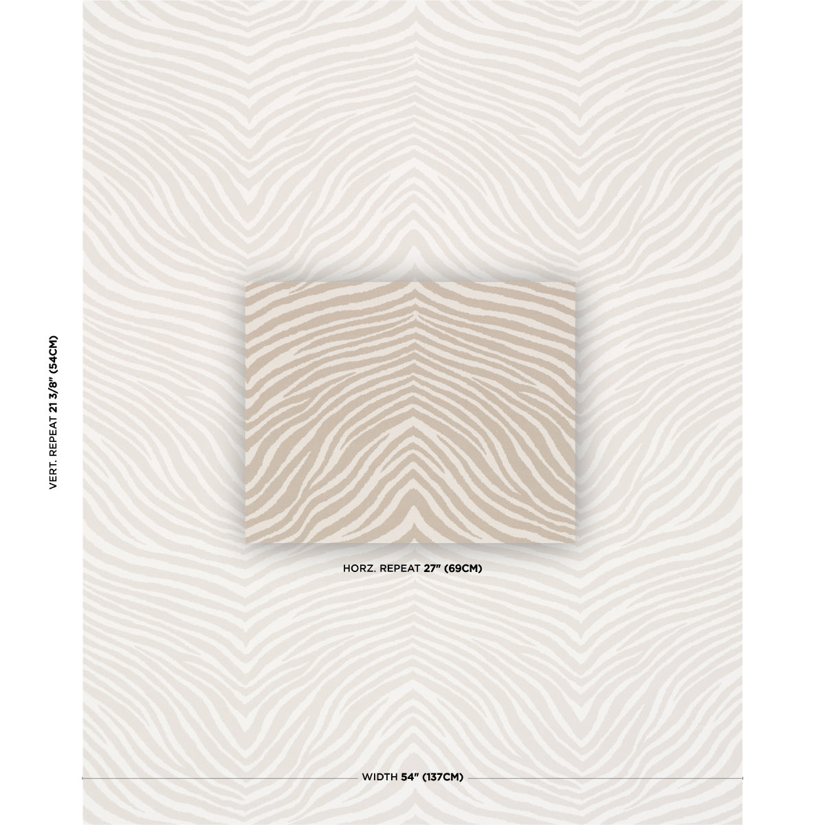 Beige zebra-print wallpaper swatch on display; cream-tan wavy stripes, horizontal repeat sample.