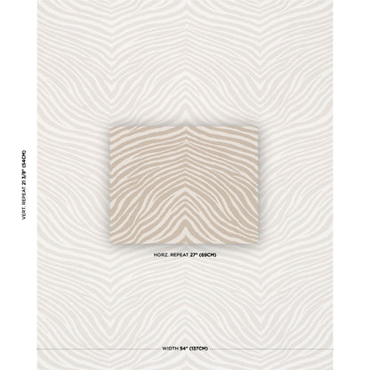 Beige zebra-print wallpaper swatch on display; cream-tan wavy stripes, horizontal repeat sample.
