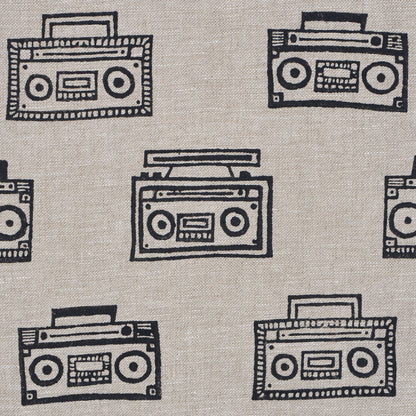 Beige fabric with repeating black line-drawn boombox cassette players; retro graphic pattern.