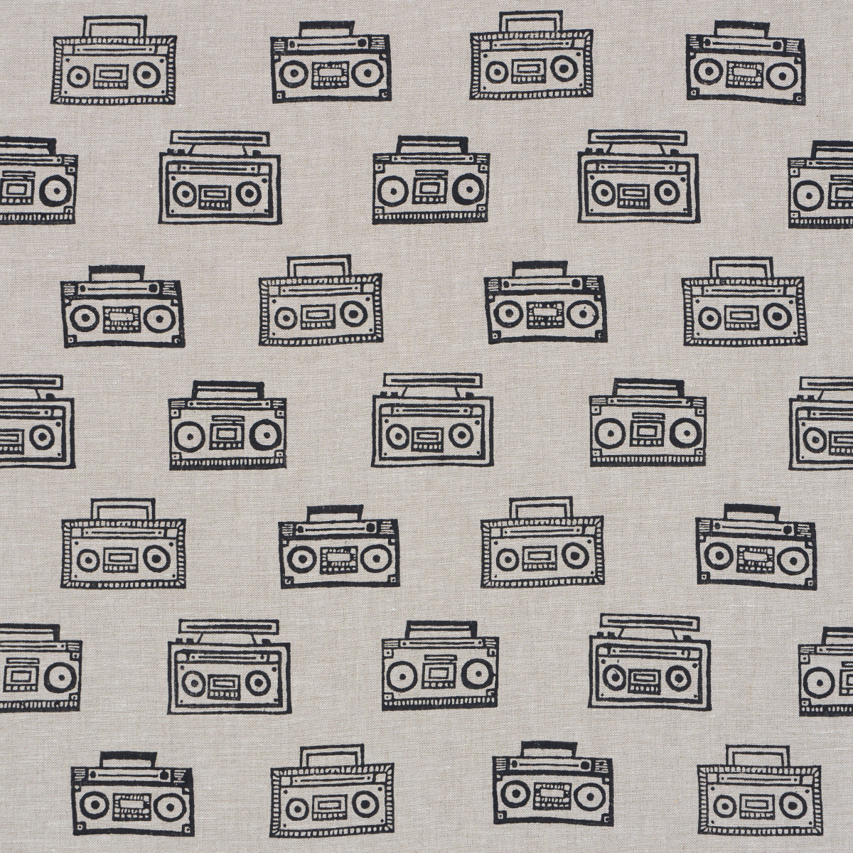 Beige fabric with a repeating black retro boombox pattern; casual textile for crafts or apparel.