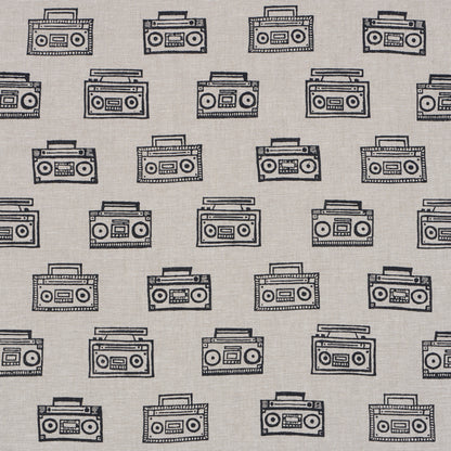 Beige fabric with a repeating black retro boombox pattern; casual textile for crafts or apparel.
