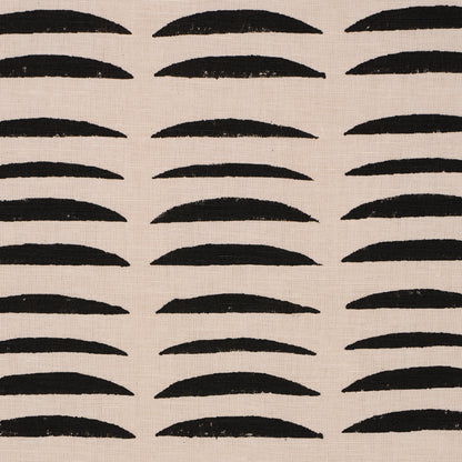 Beige fabric with repeating rows of black curved brushstroke arcs in a grid.