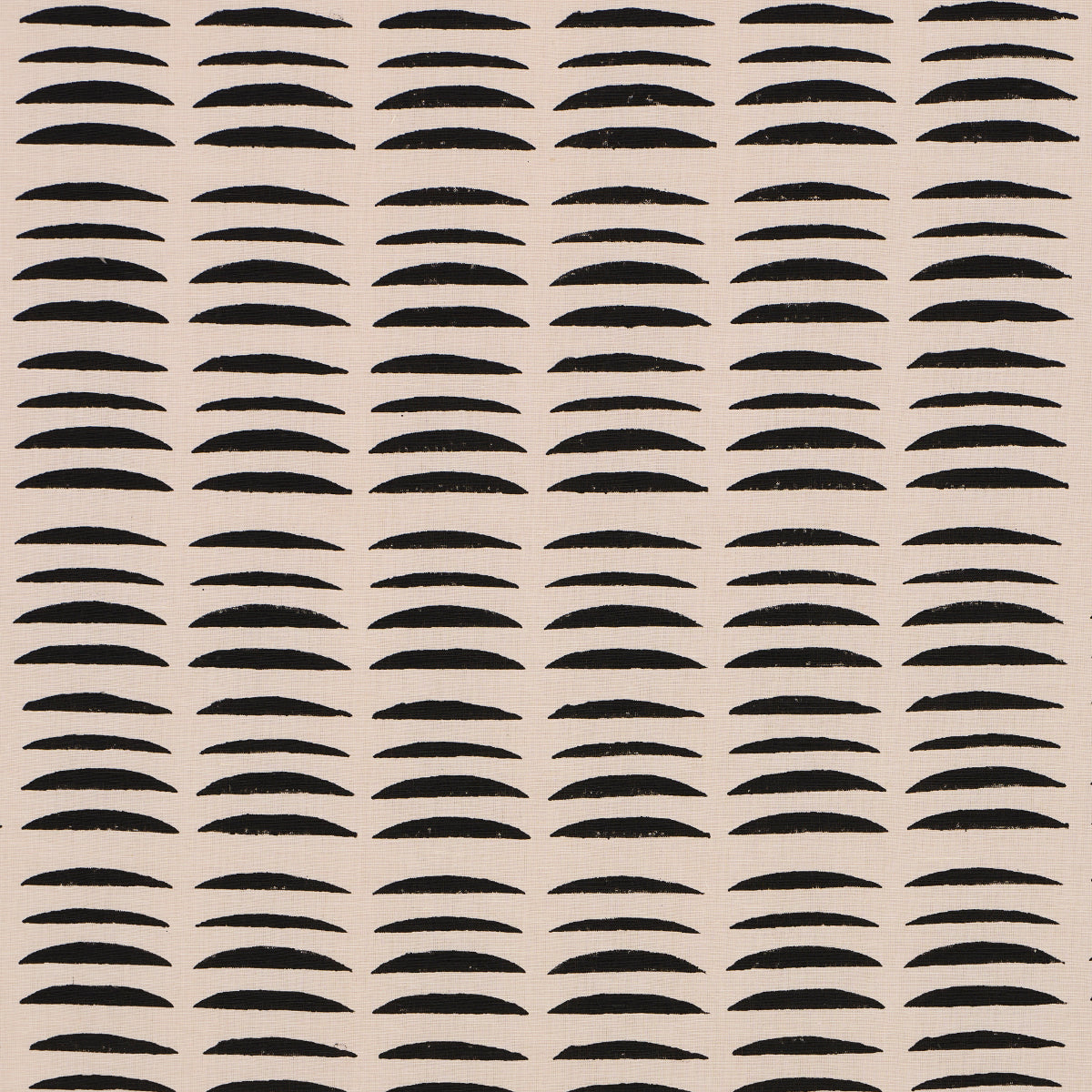 Beige background with repeating rows of black curved brushstrokes; hand-block-printed abstract geometric pattern.