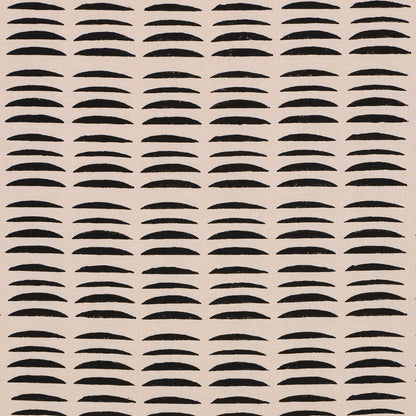 Beige background with repeating rows of black curved brushstrokes; hand-block-printed abstract geometric pattern.