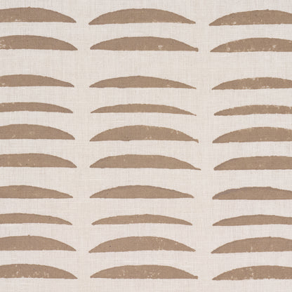 Beige fabric with a hand-block-printed geometric pattern of tan crescent arcs in horizontal rows.